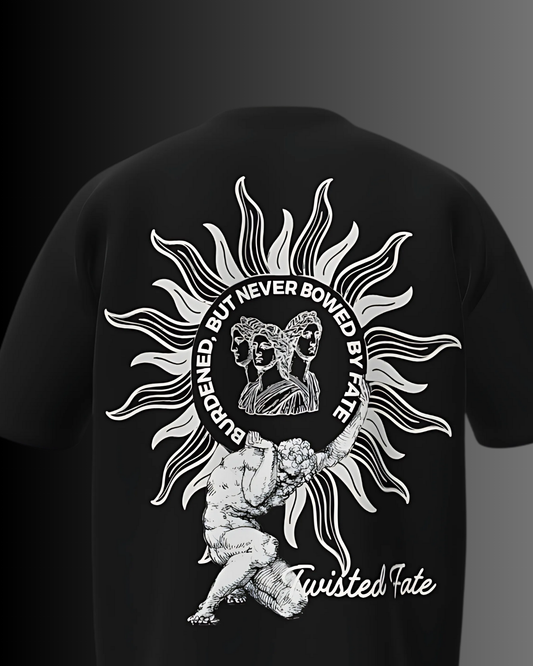 Black t-shirt with white graphic design on the back featuring classical figures and text.