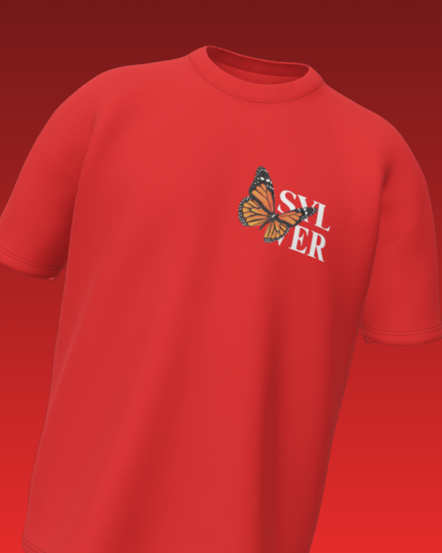 Red t-shirt with a butterfly graphic and 'SYLVER' text on a red background