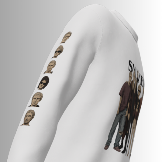White sweatshirt with graphic designs on a gray background