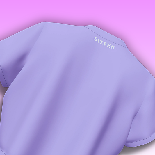Purple t-shirt with 'SYLVER' branding on a pink background