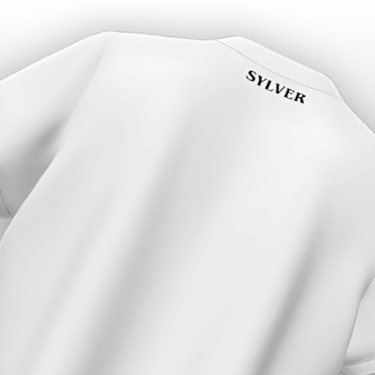 White sweatshirt with 'SYLVER' branding on a light gray background
