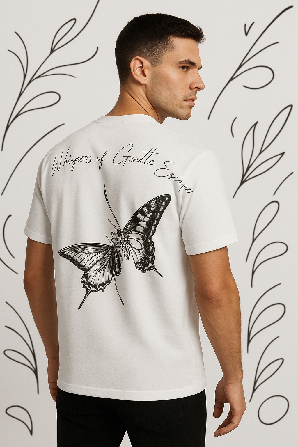 Man wearing a white t-shirt with a butterfly design and text on the back, against a decorative white background.
