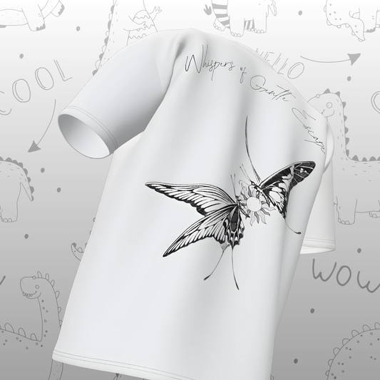 White t-shirt with a black butterfly design on a light gray background with doodles.