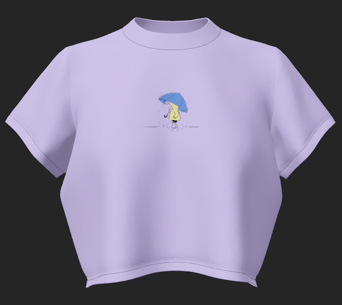 Light purple t-shirt with a small graphic on a black background