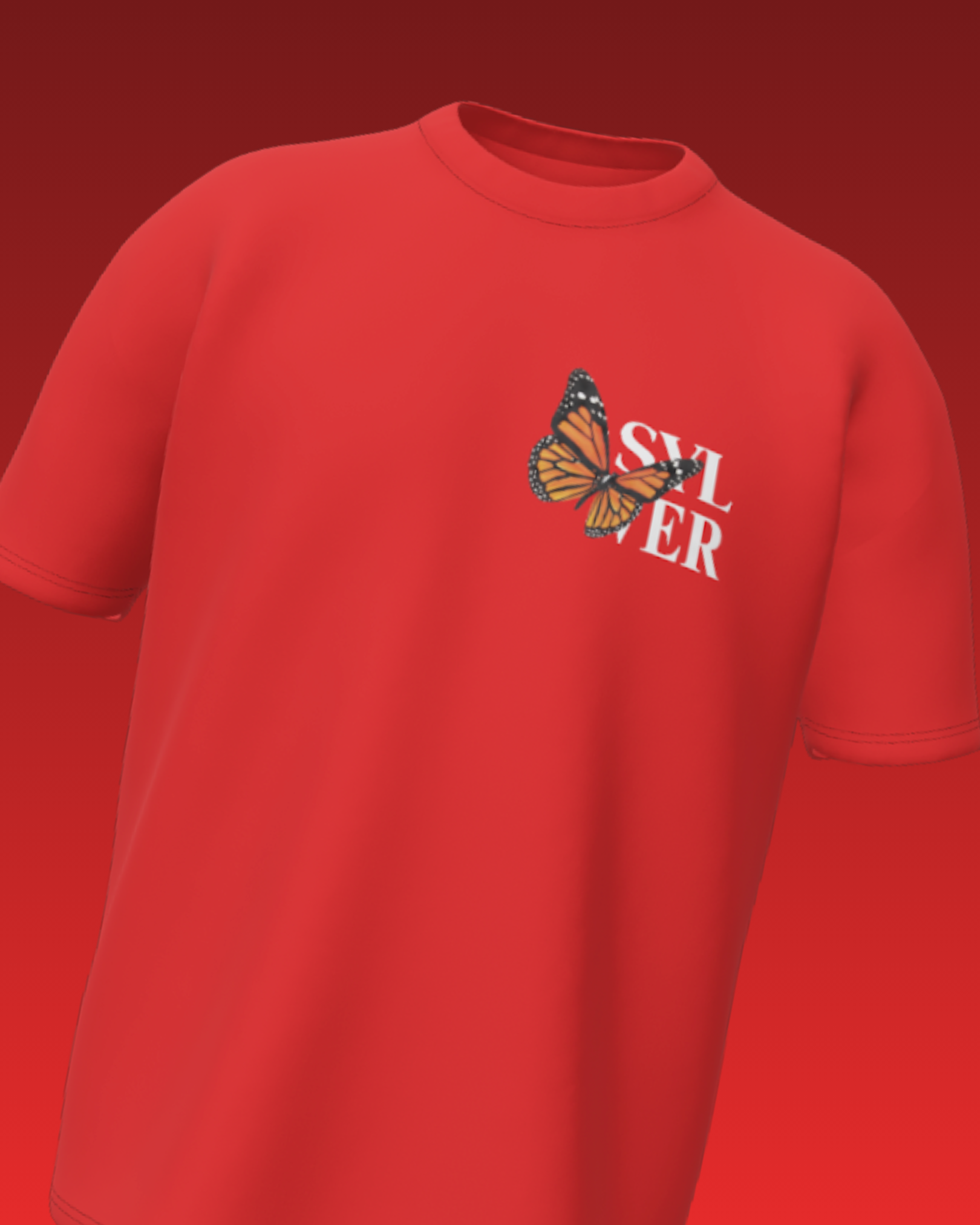 Red t-shirt with a butterfly graphic and 'SYLVER' text on a red background