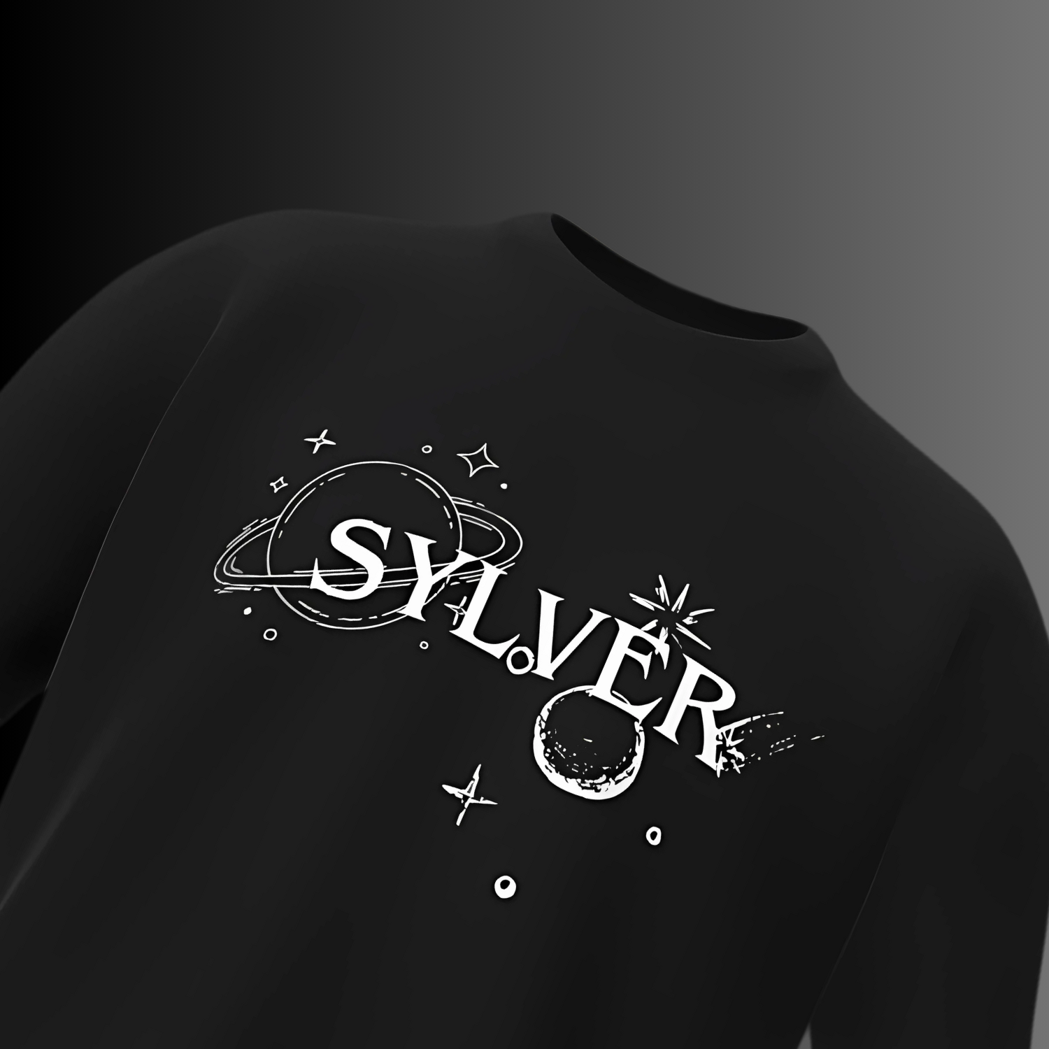Black sweatshirt with 'SYLVER' logo on a dark background