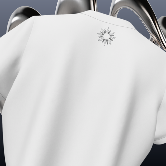 White garment with a brand logo on a gray background