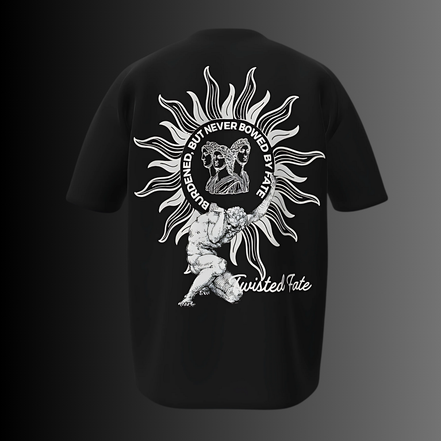 Black t-shirt with white graphic design on a dark background