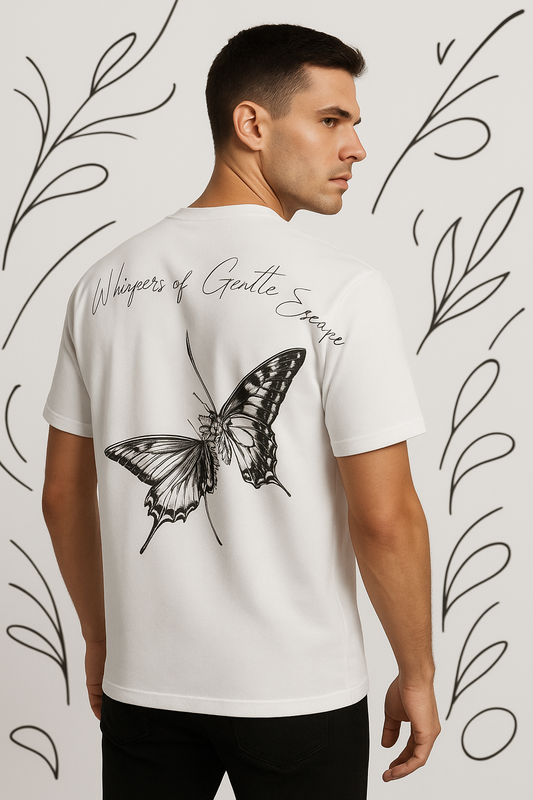 Man wearing a white t-shirt with a butterfly design and text on the back, against a decorative white background.