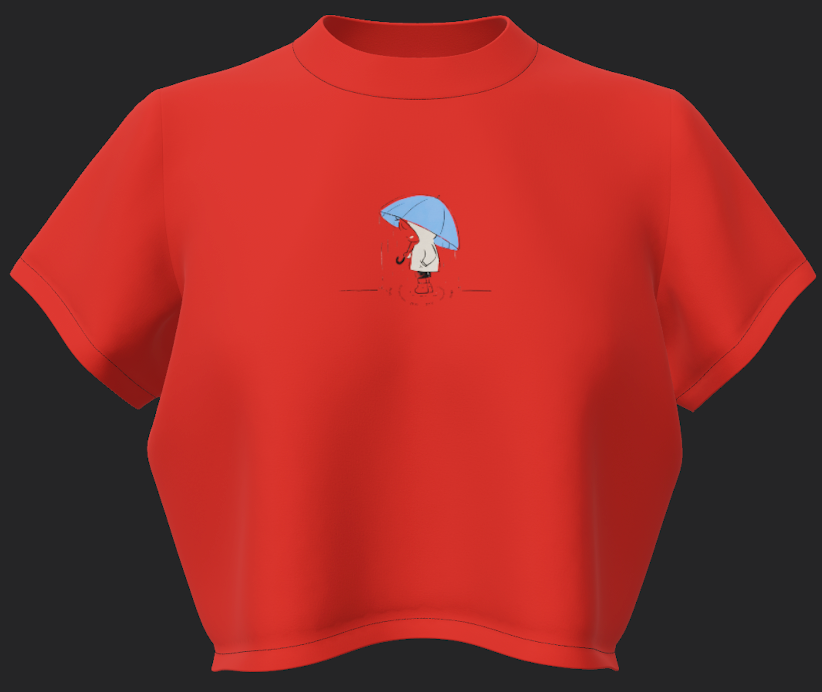 Red t-shirt with a small graphic on a black background